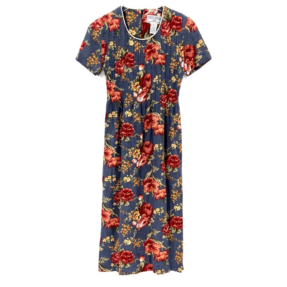 Vintage Jessica Howard Floral Maxi Dress Size 4P Linen Blend Cottagecore Prairie